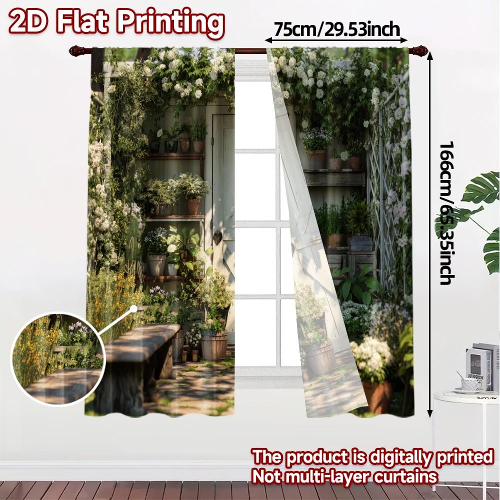 2pcs, 2D FLAT PRINTING Curtains (Without Rod) Garden Retreat Modern Window Curtain 100% Polyester Curtains Decorations For Home