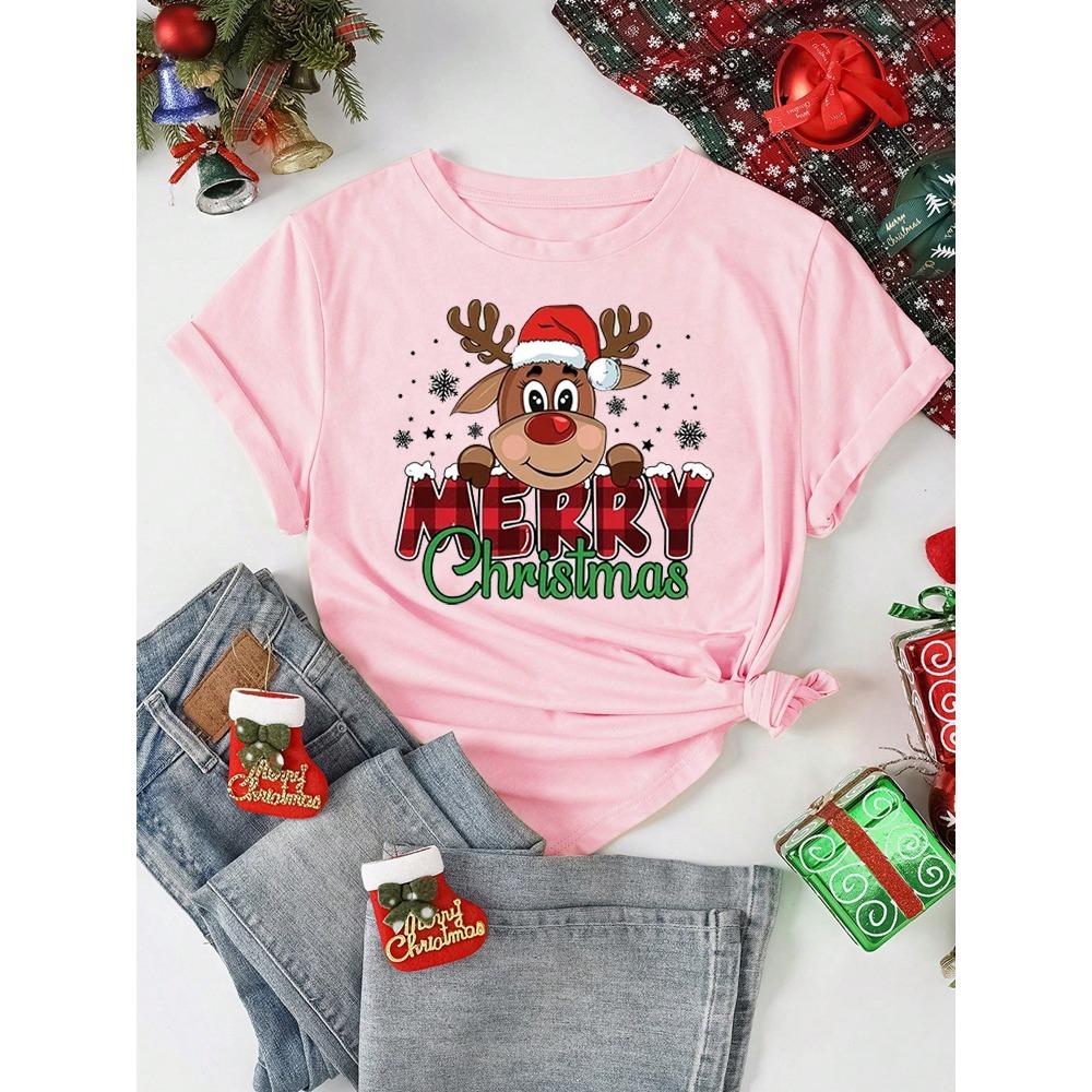 Frohe Weihnachten Niedlicher Rentier-Print Damen Lässige Kurzarm O-Ausschnitt T-Shirts Damen Weihnachtsfeier Oberteile