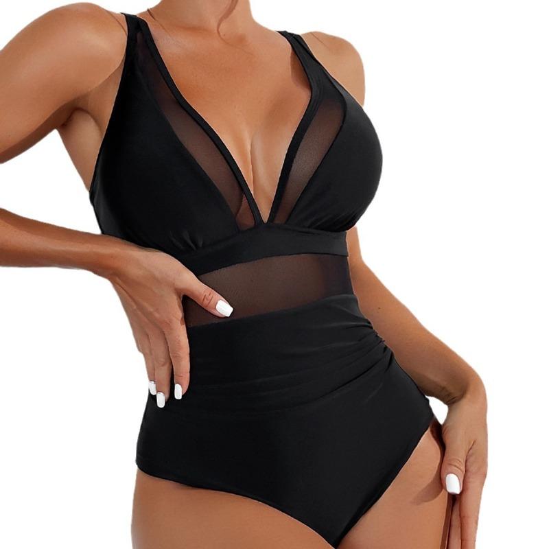 2026 New Bikini European and American Solid Color Mesh Halter Sexy Bikini One-piece Swimsuit Swimsuit