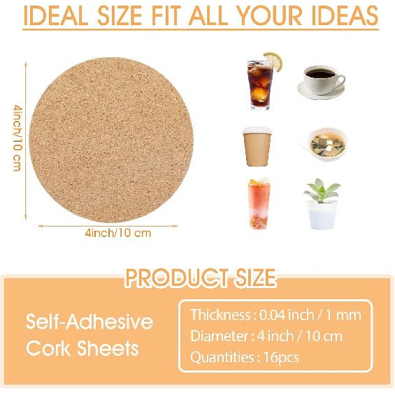 16 Pcs Self-Adhesive Cork Round, 3"" x 3"" Cork Coasters, Cork Backing for Coasters Mini Cork Board for DIY Coasters, Wall, Mat, Tiles, Ceramic