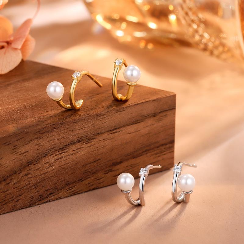 925 Sterling Silver Geometric Line Shell Pearl Earrings for Women Simple C-shaped Arc Zircon Temperament Earrings