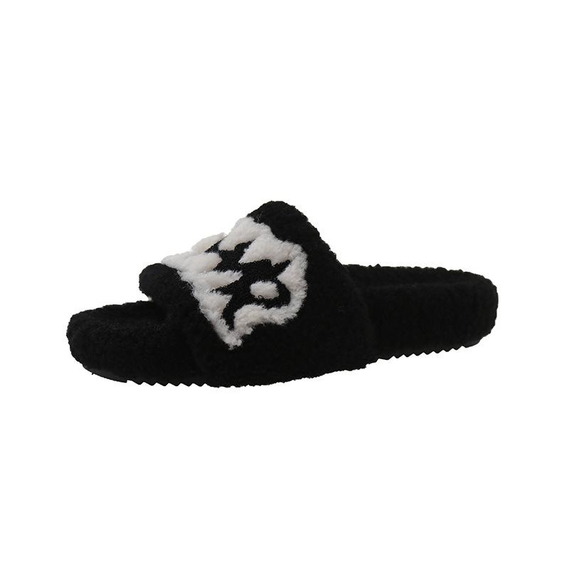 Fashion Fluffy Slippers Women Wear Autumn Winter 2024 New Niche Letters Home Flat Word Cotton Slippers