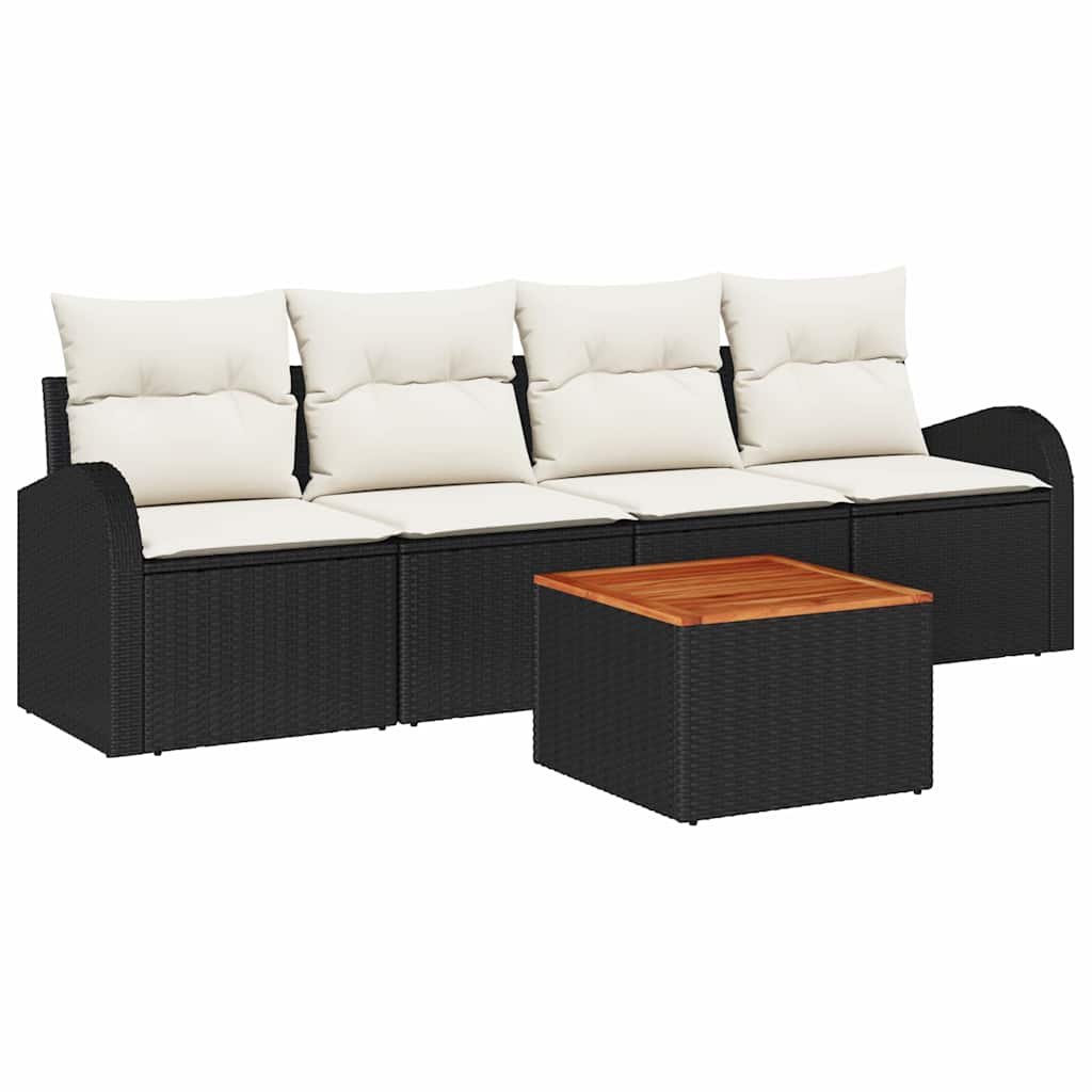 5 Piece Garden Sofa Set with Cushions Black Poly Rattan
