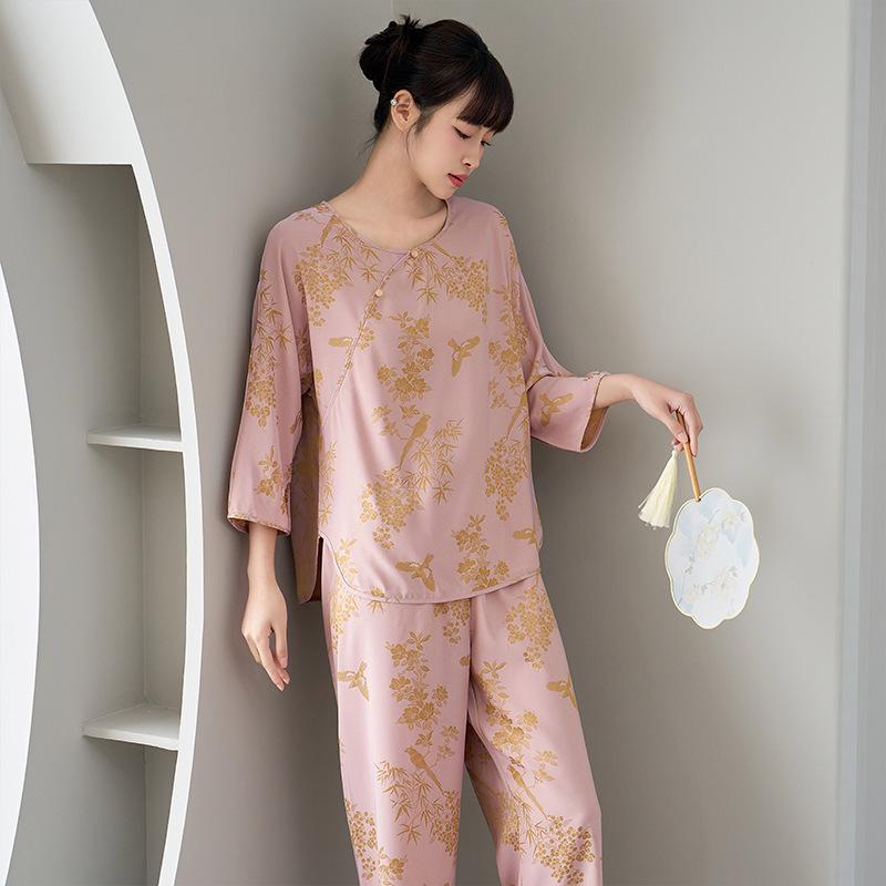 New Chinese national style suit cationic jacquard ice silk pajamas women's spring and summer silk satin pullover homewear