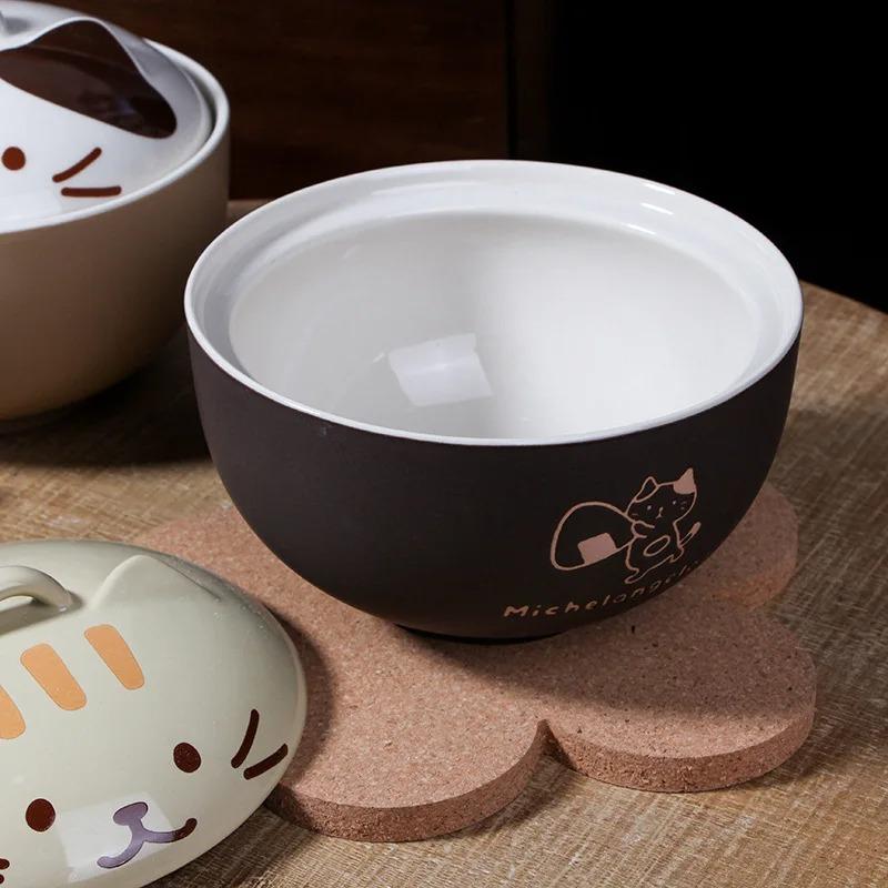 1pcs Japanese Tableware Cute Cat Ceramic Bowl Large Capacity Household Soup Bowl Student Instant Noodle Bowl with Lid