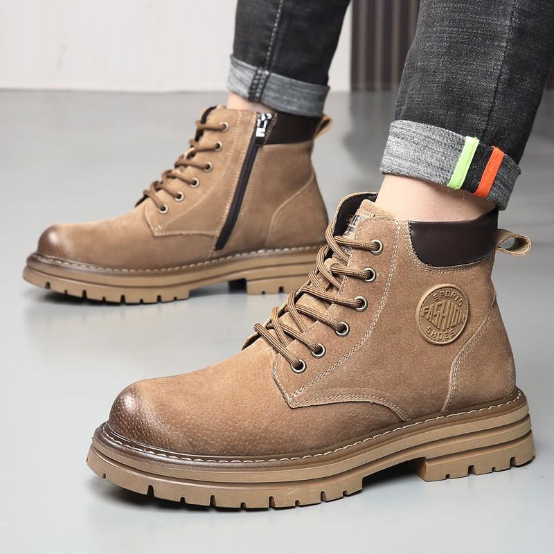 Mens Genuine Leather Martin Boots Winter Warm Lined Thick Sole Slip Resistant Casual Workwear Yellow Brown