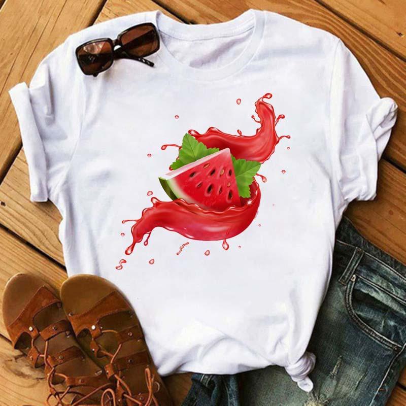 Women Hello Summer Watermelon Graphic T‑Shirt, Watercolor Fruit Letter Print O‑Neck Short Sleeve Casual Vacation Ladies Daily