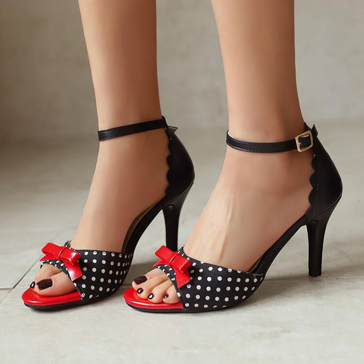

Polka dot fish mouth sandals bow hollow sandals high heels large size shoes shoes 39 синий