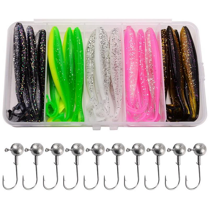 35pcs Bionic Soft T Tail Fishing Lure -crank Jig Head Hook- Freshwater and Saltwater Fishing- Silicone Sequin Artificial Bait