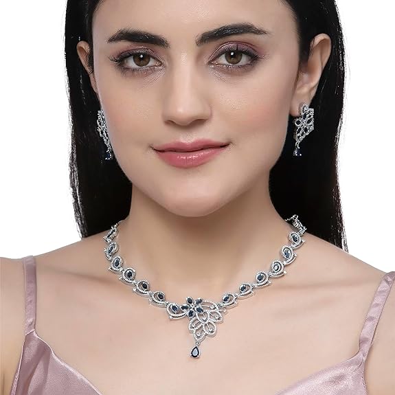Rhodium-Plated American Diamond Studded Floral & Paisley Shaped Necklace With Earrings Jewellery Set For Girls and Women