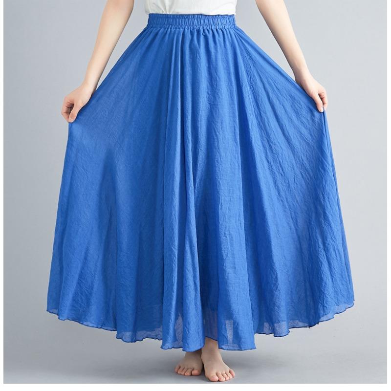 Long A-line Skirt In Cotton and Linen with Elastic Waist In Pure Color for Summer and Autumn