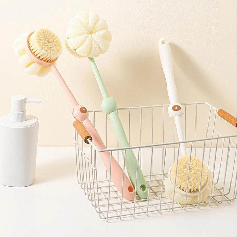 2 In 1 Long Handle Exfoliating Bath Brush Soft Bristles Loofah Puff Back Scrubber for Home Shower Body Cleaning