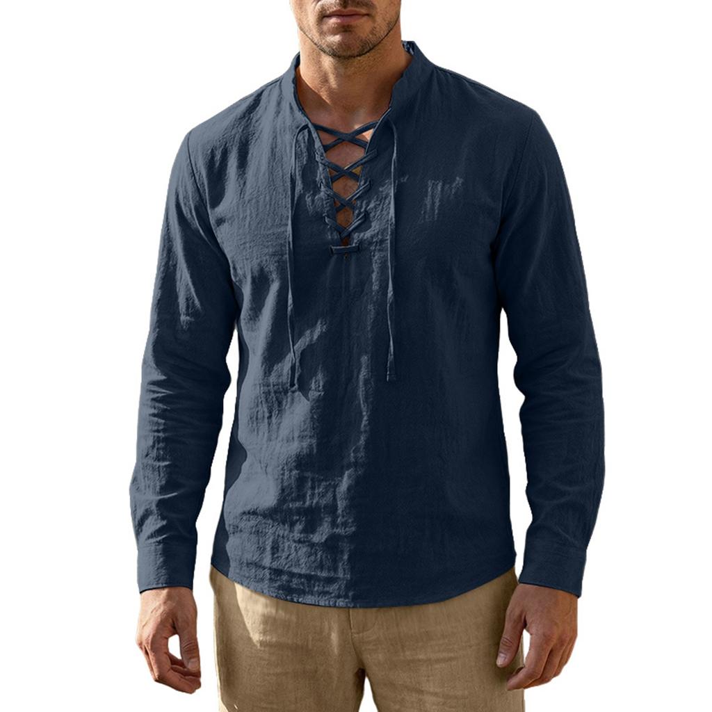 Herren Baumwoll-Leinen Kordelzugkragen Langarm Oberteil Herren Lässig Stilvolles Langarmhemd