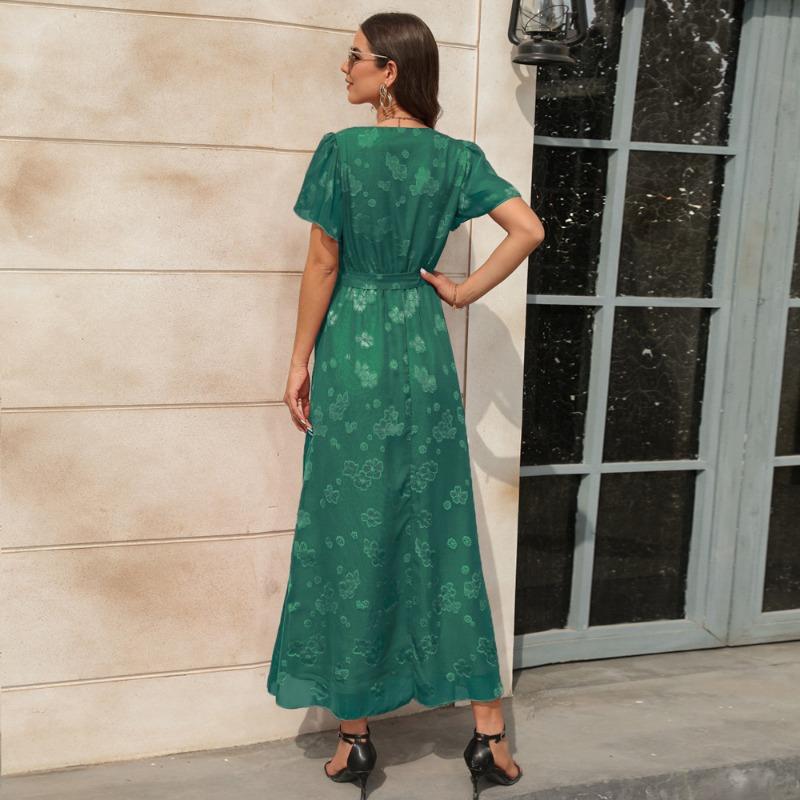 V-neck High-waisted Strappy Dress Jacquard Split Long Short-sleeved Dresses