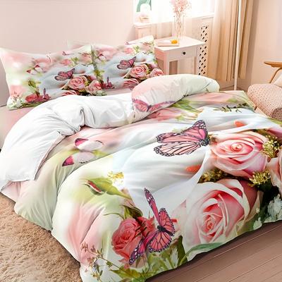 3-teiliges Bettbezug-Set, Bettwäsche-Set mit Rosenblumen-Schmetterlingsdruck, weicher, bequemer, atmungsaktiver Bettbezug mit Kissenbezug