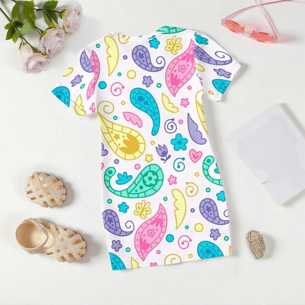 Girls Print Casual Dress Kids Loose Round Neck Short Sleeve Thin Sundress