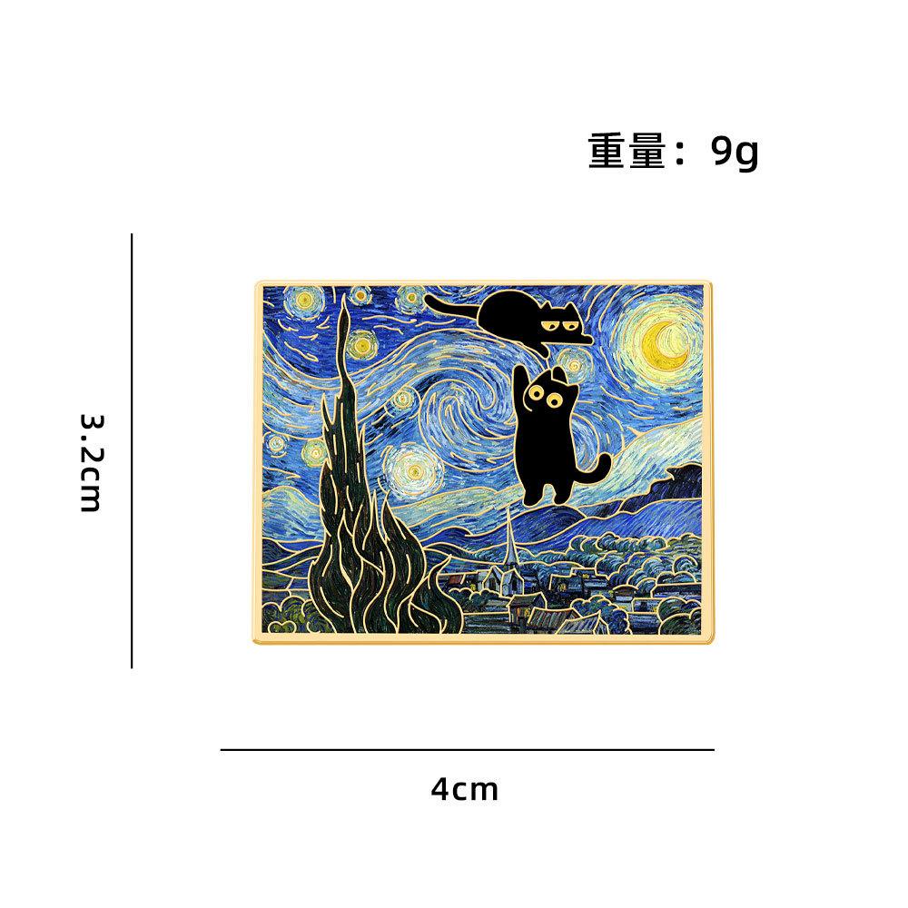 Van Gogh Famous Painting Starry Sky Series Badge Creative Cute Black Cat Landscape Oil Painting Metal Brooch Student Bag Decoration