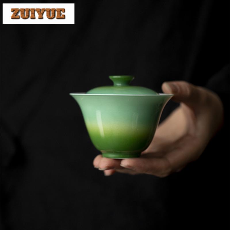 120ml Gradient Ramp Emerald Green Gaiwan Elegant Not Hot Tea Tureen Tea Bowl With Lid Kit Tea Making Cover Bowl For Tea Craft