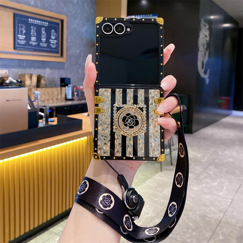 För Samsung Galaxy Z Flip 7 Lanyard Fodral, Ringstativ Plätering Blommigt Fodral för Galaxy Flip 7 Skyddande Coque