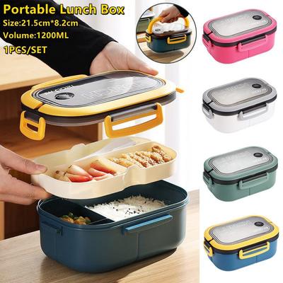 Lunch Box portatile Bento Box per microonde a tenuta stagna con griglia a due strati con forchetta e cucchiaio