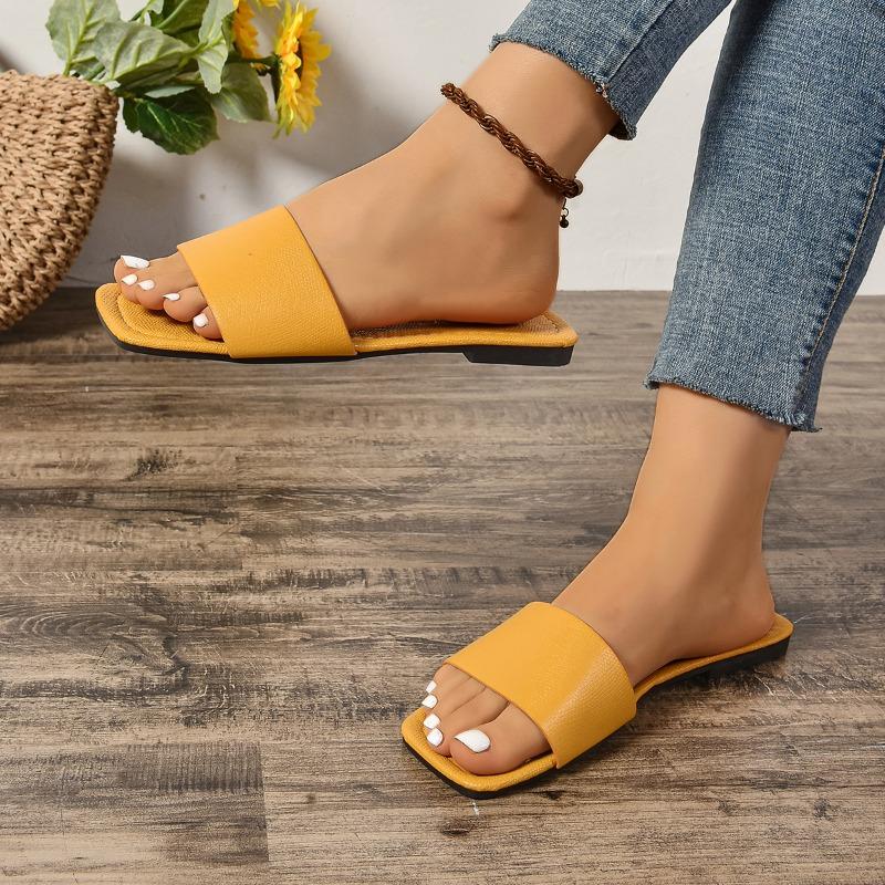 Women's Open Toe Outdoor Beach Solid Color Casual Slippers Ladies Fashion New Square Toe Flat Bottom Simple Women's Sandals