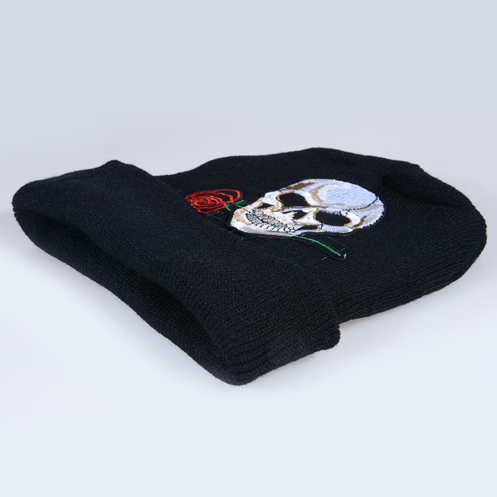 Unisex Embroidered Skull Rose Wool Cap Fashion Knitted Outdoor Warm Hat for Winter Autumn