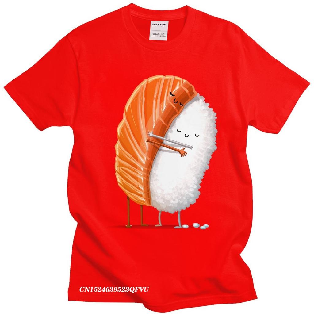 Cute Sushi Hug Tshirts Unisex Pure Cotton Cartoon Japanese Food Tee Streetwear Fashion Top Vintage Novelty Graphic Tshirt