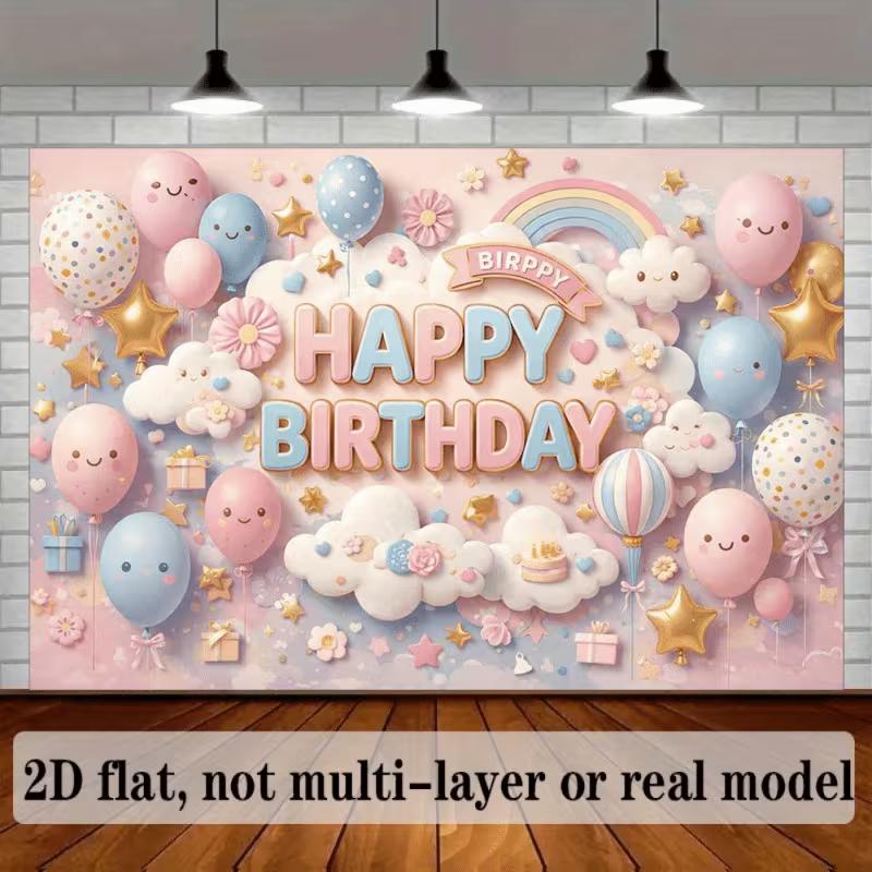 2D Soft Pink Blue Happy Birthday Backdrop Banner with Cute Smiley Balloons