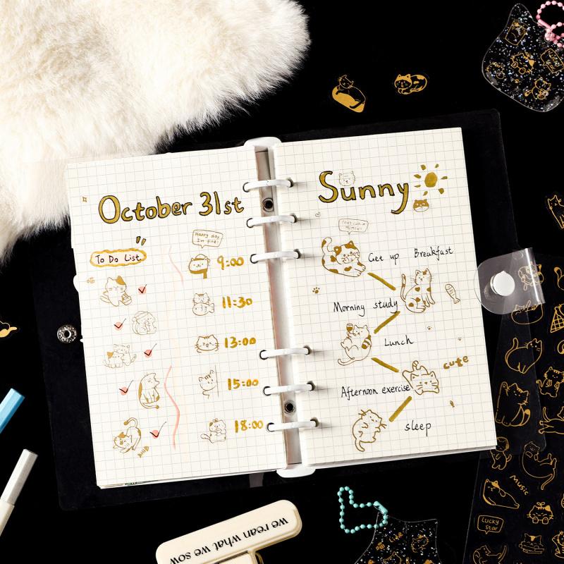 Cute Gold Foil Hand Drawn Black Cat Flat Stickers Kawaii Kitten Decor For Scrapbooking Journal Craft Supplies