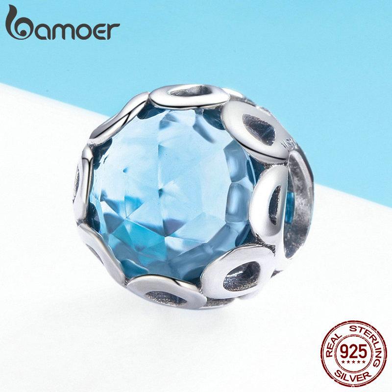 BAMOER New Arrival 925 Silver Infinity Blue Crystal CZ Round Beads fit Charm Bracelets Necklaces Jewelry Making SCC755