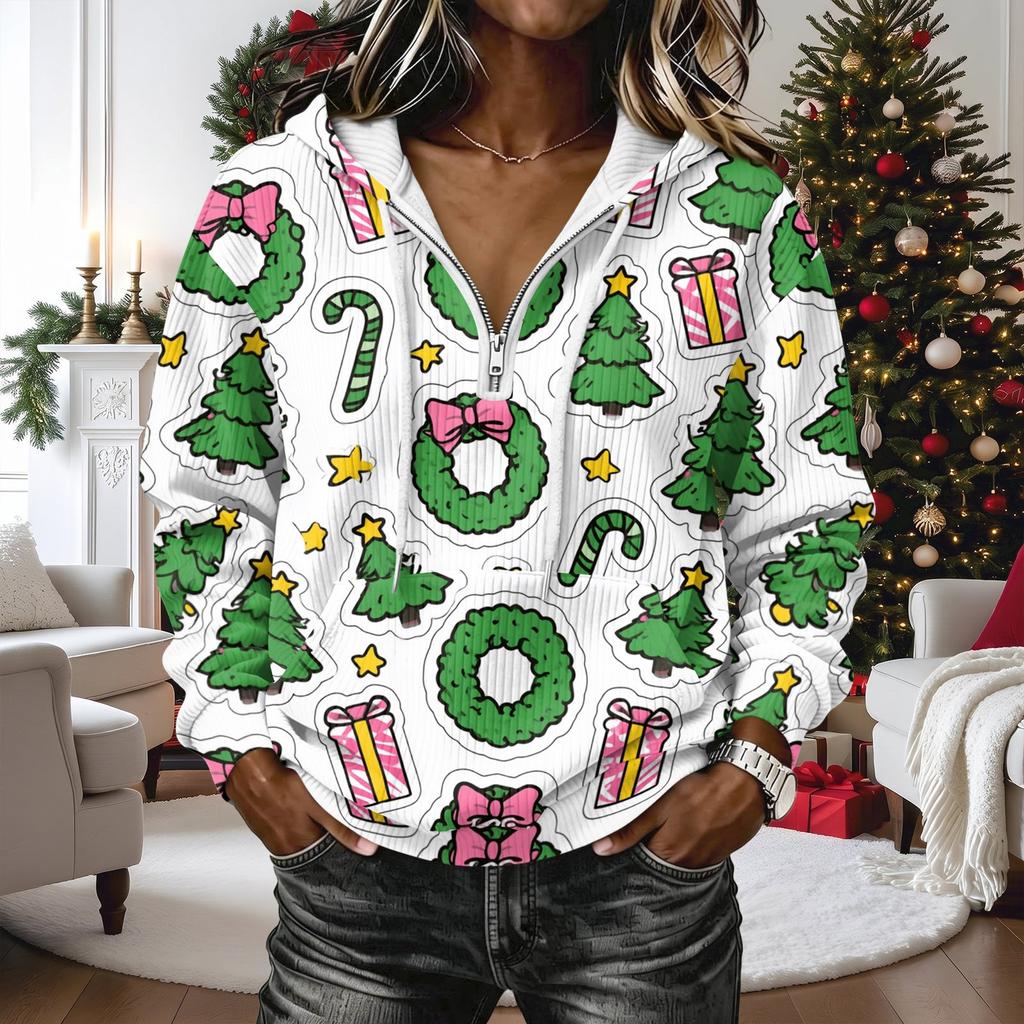 Women's Fashion Christmas Print Long Sleeve Hooded Pullover Sweatshirt Top