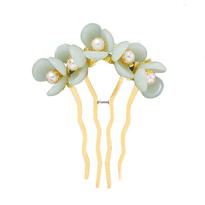 Damen Perlenblume Hanfu Haarnadel Kamm – Antiker Stil Hochsteckfrisur Accessoires