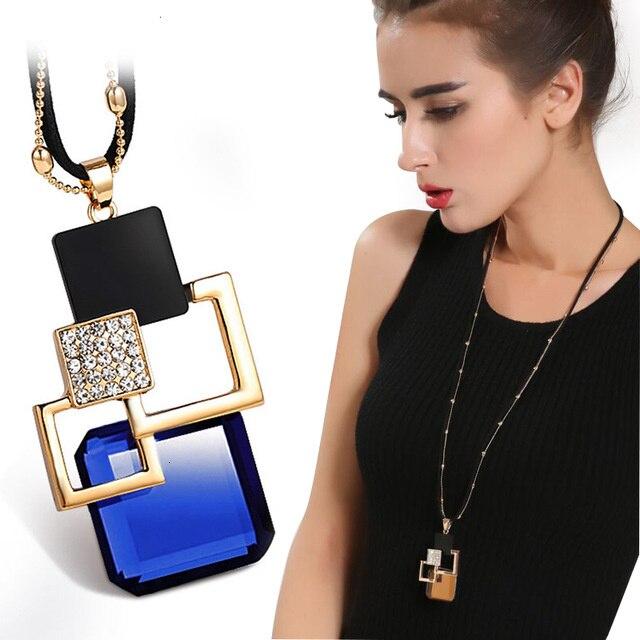 Collares largos y colgantes para mujer, collar de cadena con tulipán azul, suéter llamativo, joyería de cristal plateado a la moda 2021