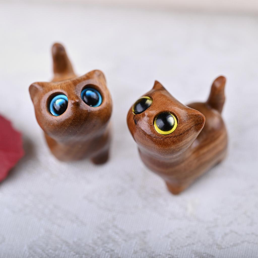 Cute Small Wooden Lucky Cat Figure 1.4" Green Sandalwood Carved Cat Figurine Desk Accessories For Home Decor Parts Gifts