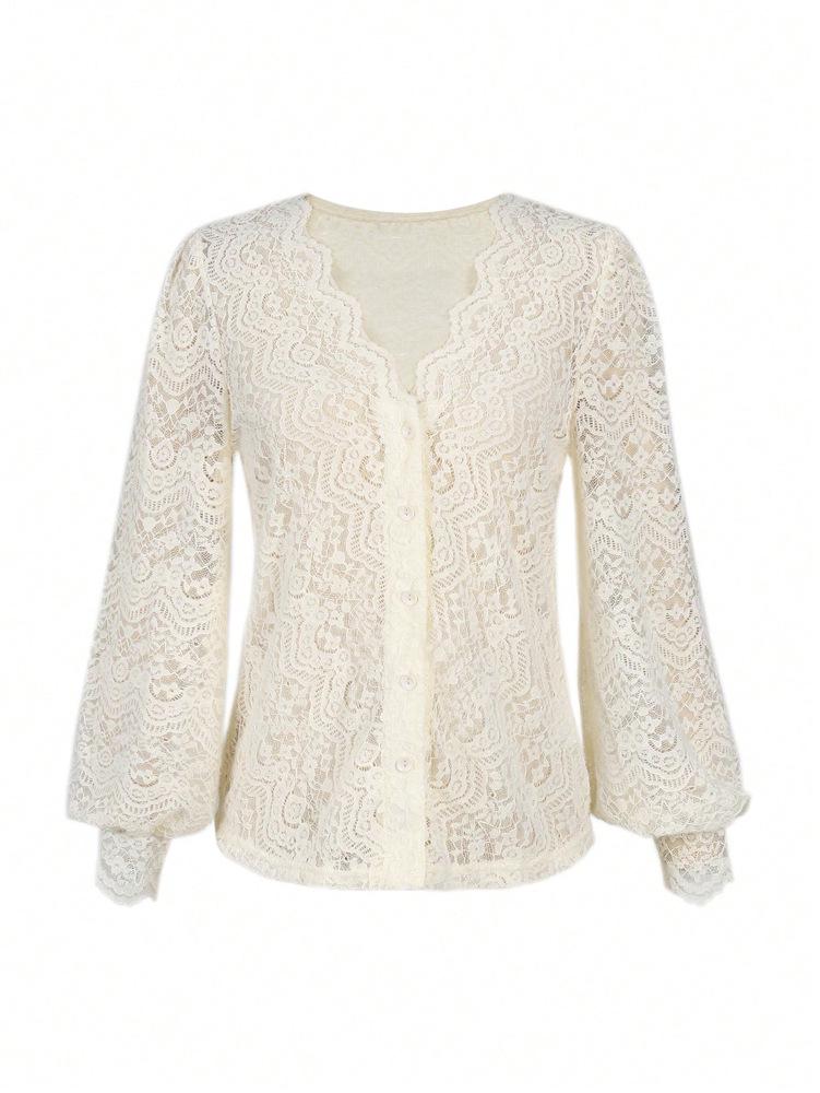 2025 Women's Casual Elegant V-Neck Lace Button Top with Sleeves