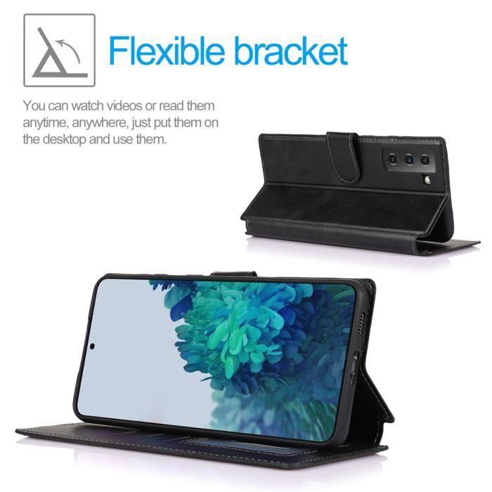 Etui Coque pour Samsung Galaxy S21 Noire, Housse de Protection en Cuir PU Antichoc à Fermeture Magnétique
