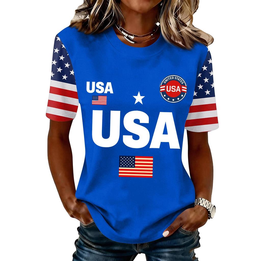 Blusa Feminina da Moda Casual de Manga Curta com Estampa e Gola Redonda