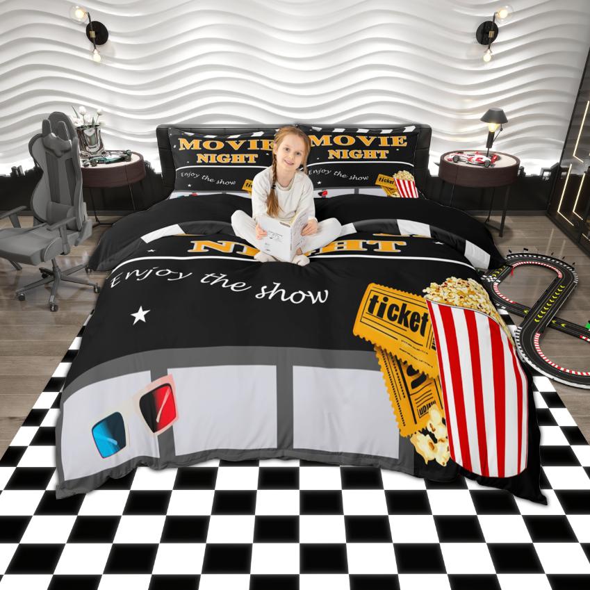 Homewish Retro Movie Duvet Cover Set Film Popcorn Bedding Set Cinema Theme Bedroom Set Room Decor