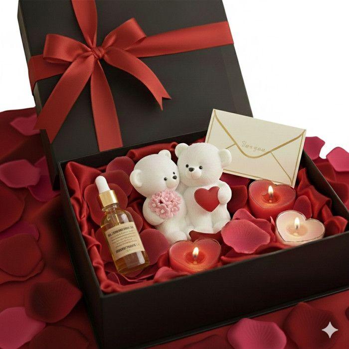 Coffret Saint Valentin Luxe - Huile Massage Bio & Ourson Artisanal - Couleur:Blanc taille:23 x 17 x 7,2 cm - Blanc Taille : 23
