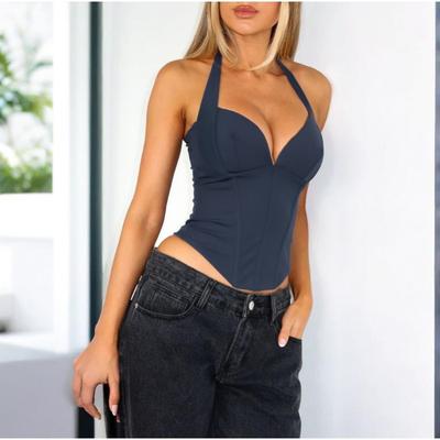 Sexy Halter Deep V Neck Bone Waist Cinching Cropped Corset Tank Top For Women
