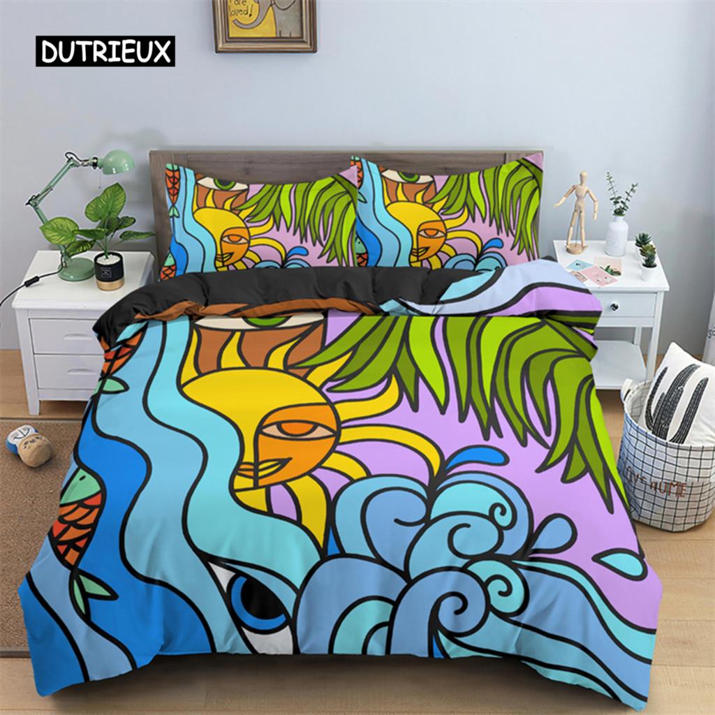 Abstrakte menschliche Gesichter Bettbezug Twin Full King Double Mikrofaser Mystische Kunstwerk Bettbezug Psychedelische Graffiti Bettwäscheset