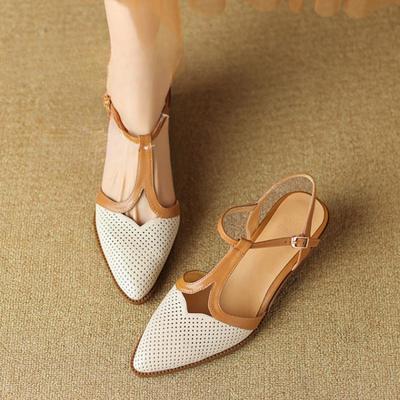 Fashion Women's Cow Leather Mix Color Patchwork Pointed Toe Ankle Strap Kitten Heel Sandals Elegant Ladies Daily Dress Pumps Shoes Woman