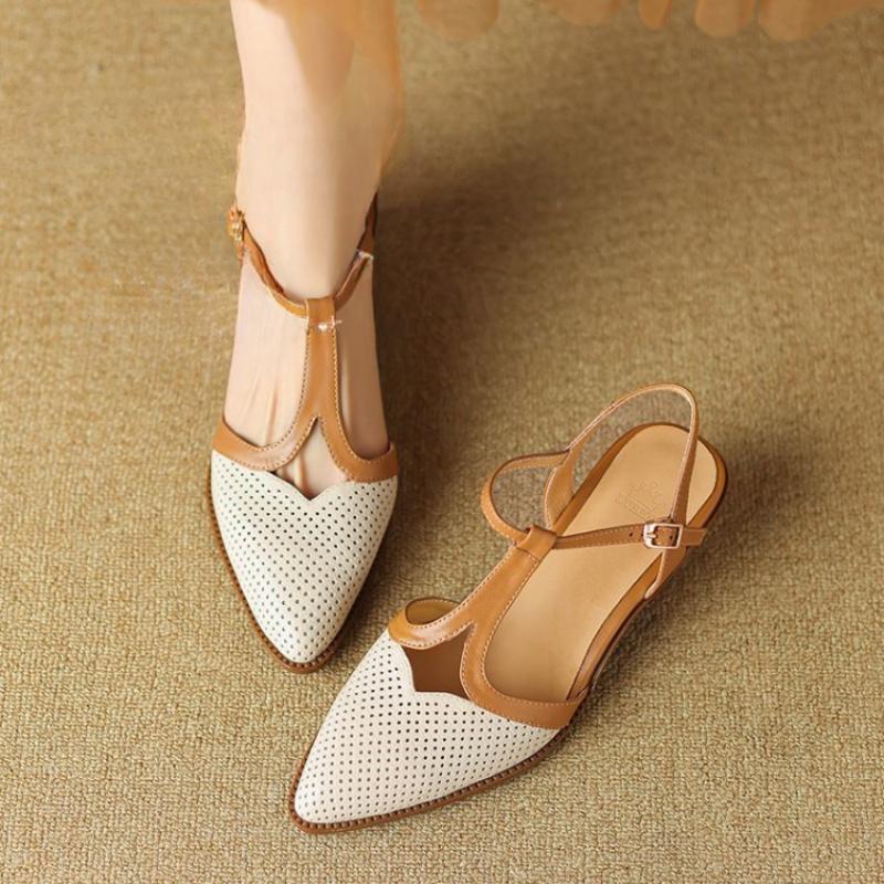 Fashion Women's cow leather mix color patchwork pointed toe ankle strap kitten heel sandals elegant ladies daily dress pumps shoes woman