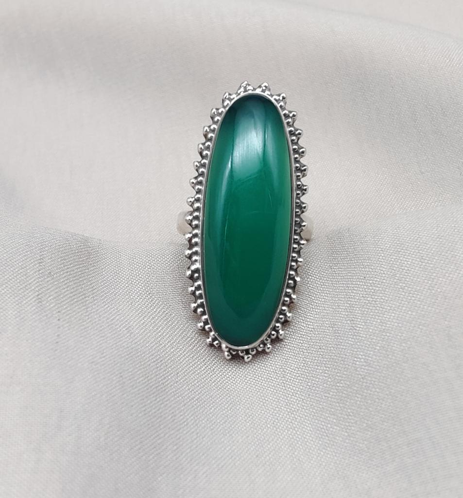 Green Onyx Gemstone Ring: 925 Sterling Silver Oval Cabochon, Handmade