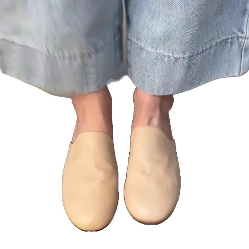 Sheepskin~ 2025 New Minimalist Style Leather Baotou Slippers Women's Summer Outer Wear Flat Bottom Sandals