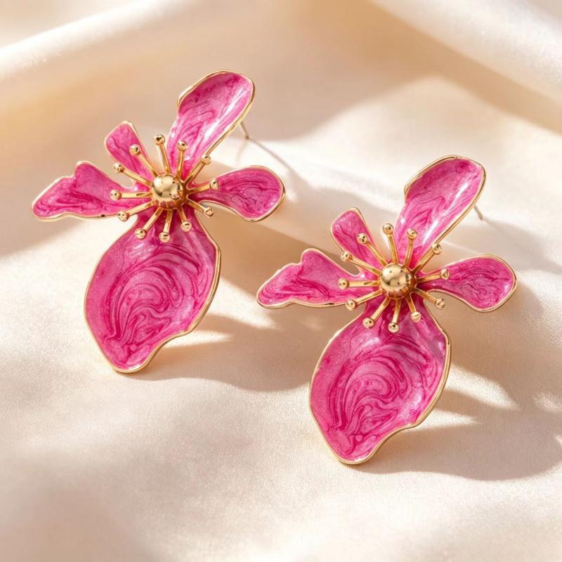 Marbled Enamel Flower Earrings with Polished Gold Trim Lovely Chic Design for Wedding Prom Party Gift for Her