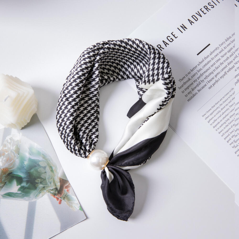 Pearl Magnetic Buckle Silk Scarf Double Square Scarf Necklace Chain Scarf Neck Pattern Small Scarf