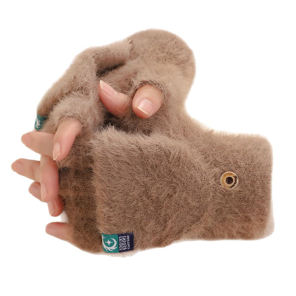 Women's Winter Windproof Plush Fingerless Flip Gloves - Thickened and Warm for Outdoor Use