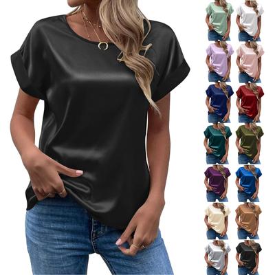 Camiseta feminina verão elegante sólido gola redonda enrolado manga curta cetim seda blusa tops