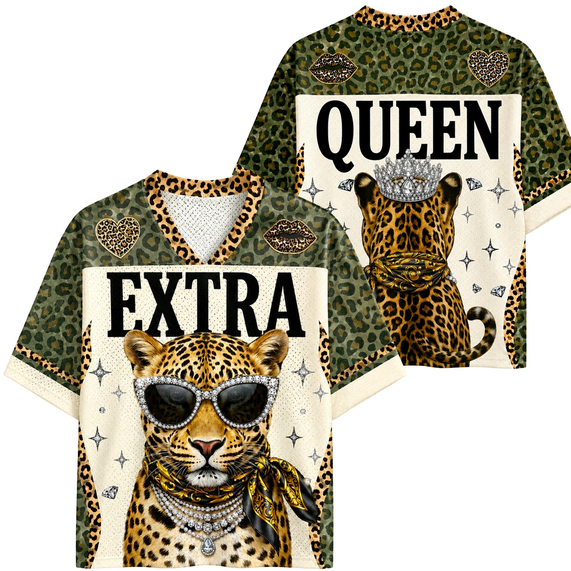 Leopard Print Queen Leopard Crown Diamond Lip Heart Slogan V Neck Jersey Color Block Retro Hip Hop Streetwear Sports Top S